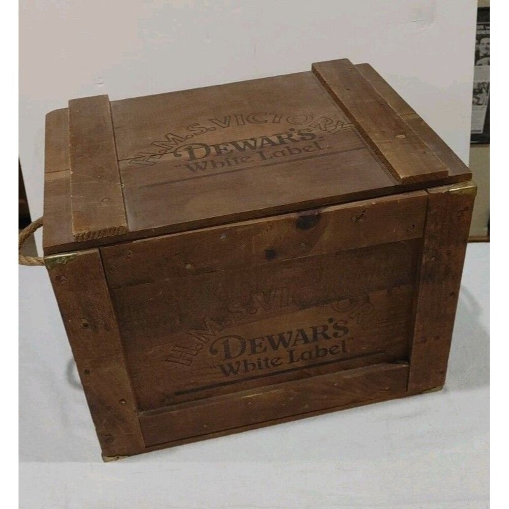 Vintage Dewar's White Label Wood Crate With Lid 17"X 12.5"X 12.5"  H.M.S Victory